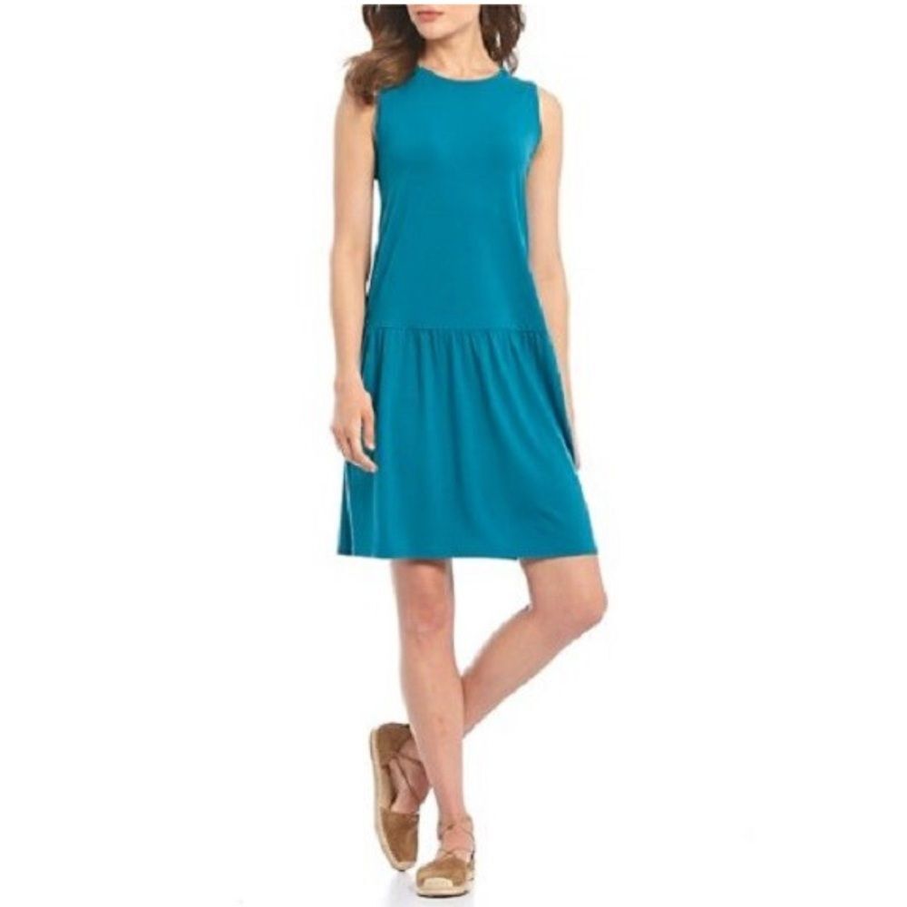 Eileen Fisher Lagenlook Blue Sleeveless Drop Waist Shift Minimalist Career L
